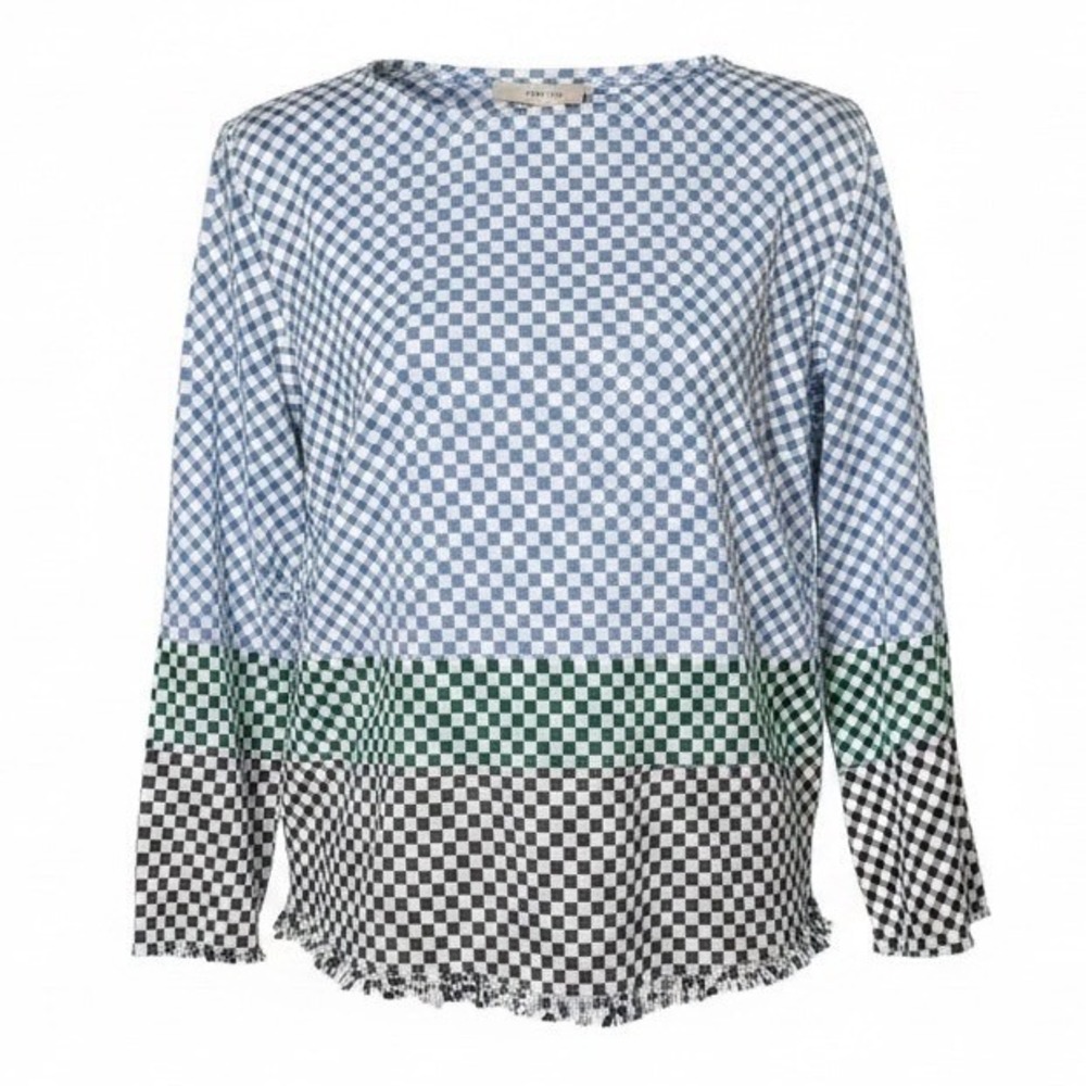 Marella Checkered Gingham Blouse Women Size 6 Blue Green Black Frayed Hem Top